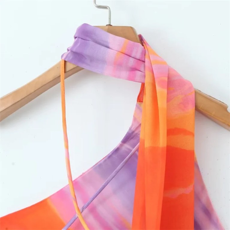 Holiday Women’s Striped Tie-dye streamer Asymmetrical Oblique shoulder Chiffon Mini Dress