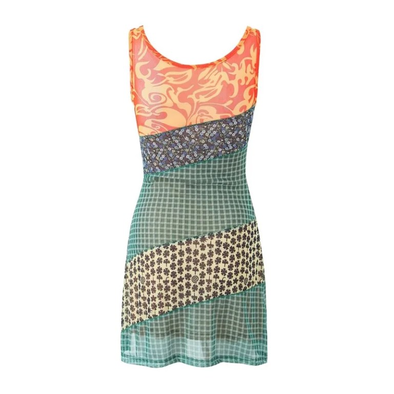 Women’s Patch Floral Print Tulle High-waisted Slim Stretch Sleeveless Mini Dress