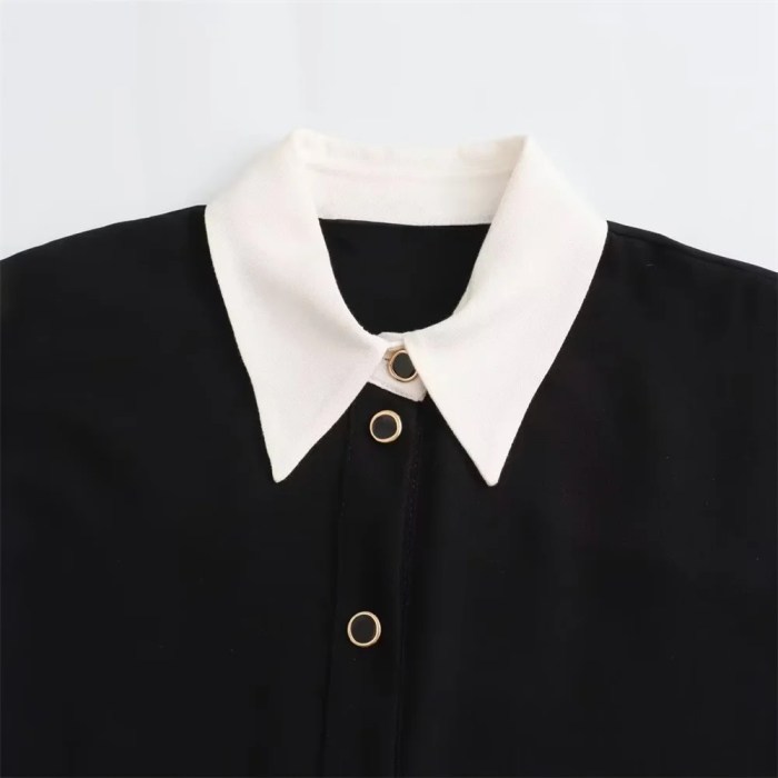 Women’s Slim Fit Polo Collar Single Breasted Black Shirt Mini Dress Women’s Slim Fit Polo Collar Single Breasted Black Shirt Mini Dress