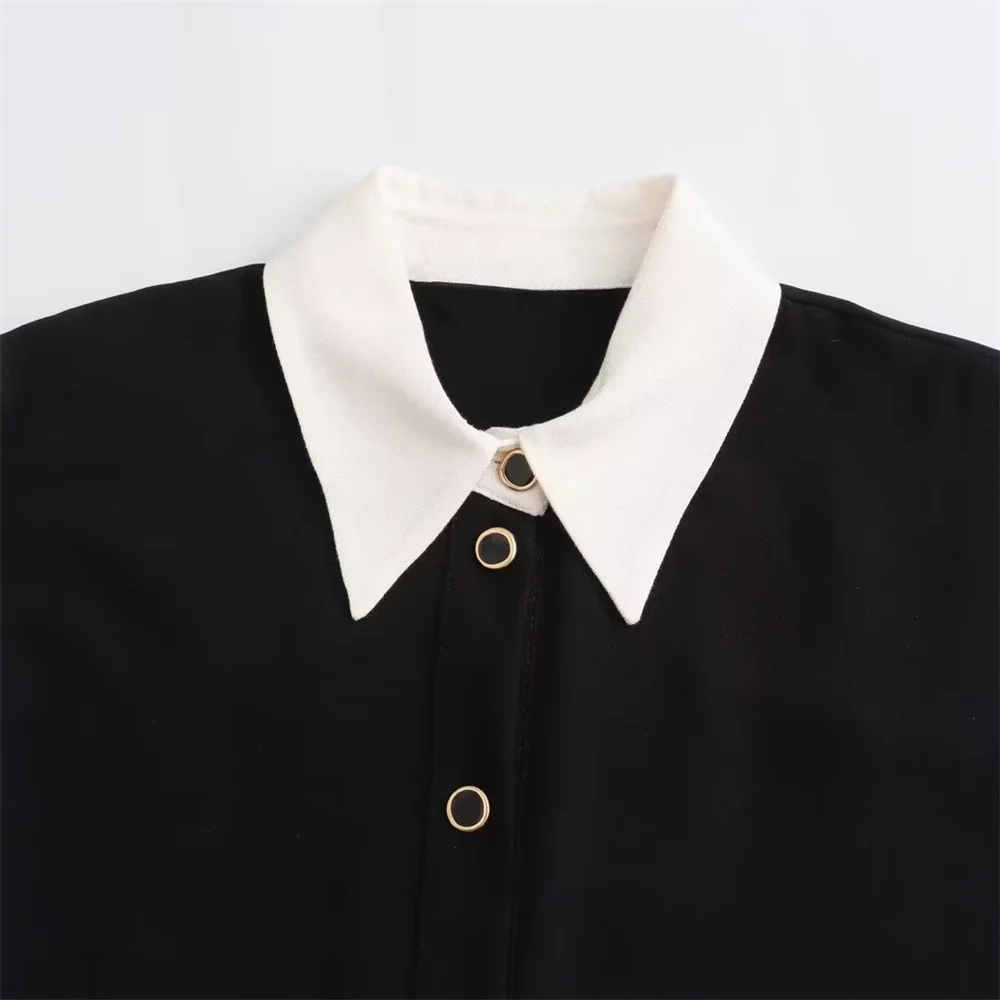 Women’s Slim Fit Polo Collar Single Breasted Black Shirt Mini Dress
