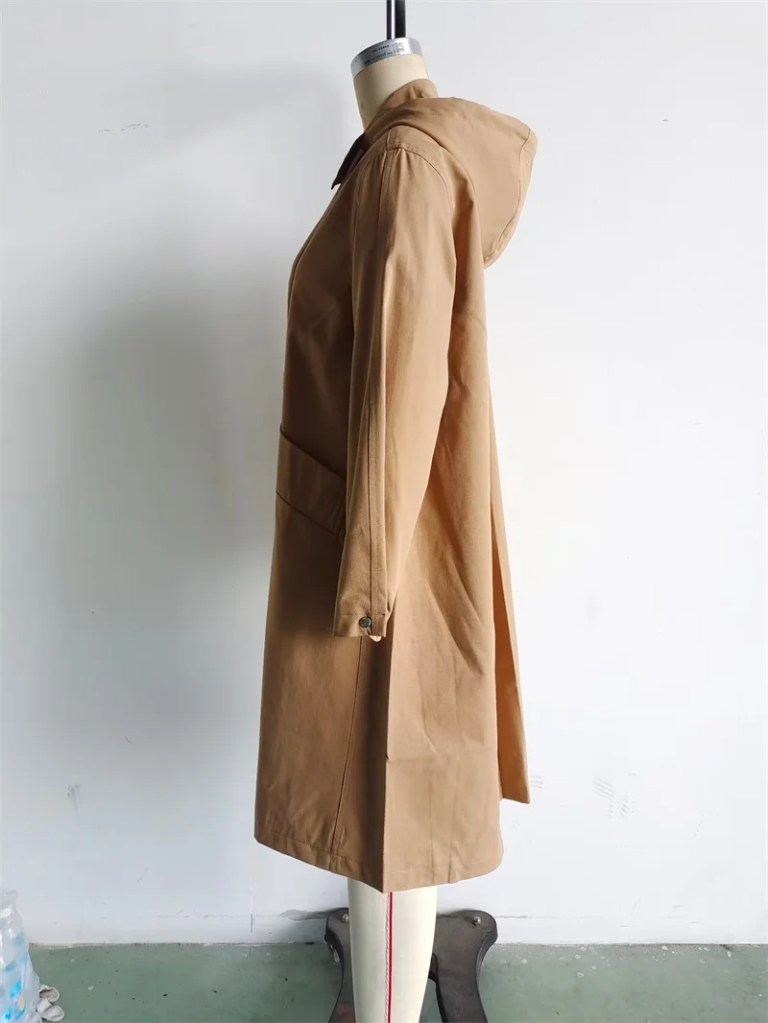 Women’s Hooded Khaki Trench Coat – Casual Pocket Trim, Single-Breasted Long Outerwear