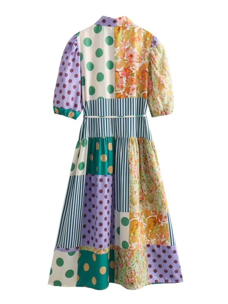 Polka Dot Print Shirt Summer Retro  Puff Sleeve A Line MIDI Dress