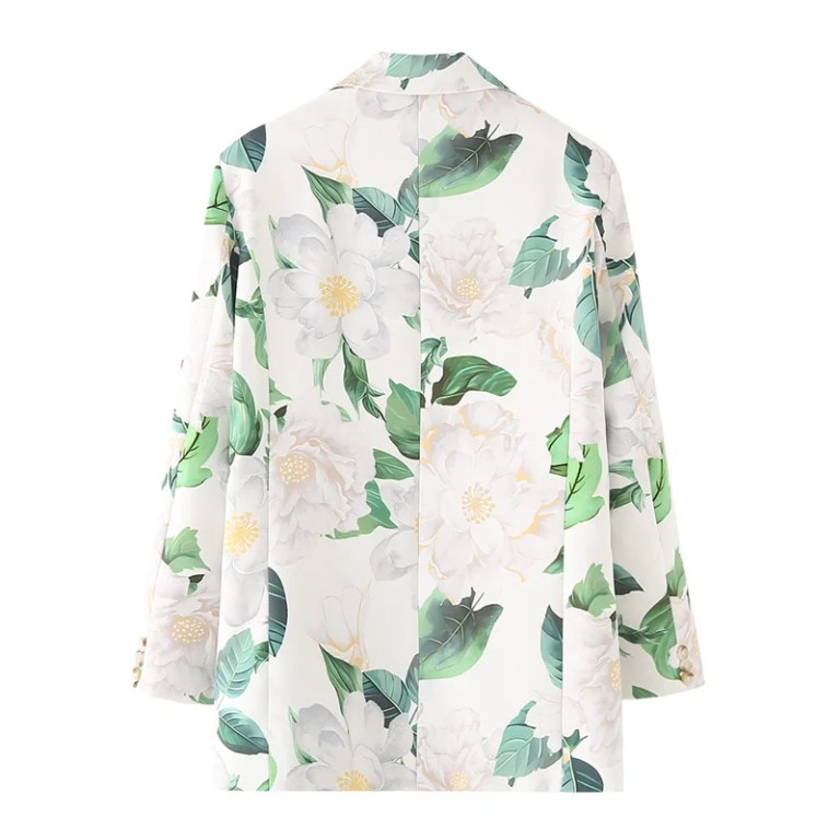 Pastel Women’s Floral Leaf Print Suit – Single-Breasted with Double Pockets