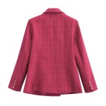 Women’s Rose red Tweed Single Breasted Retro Padded Flap Pockets Slim Crop Blazer
