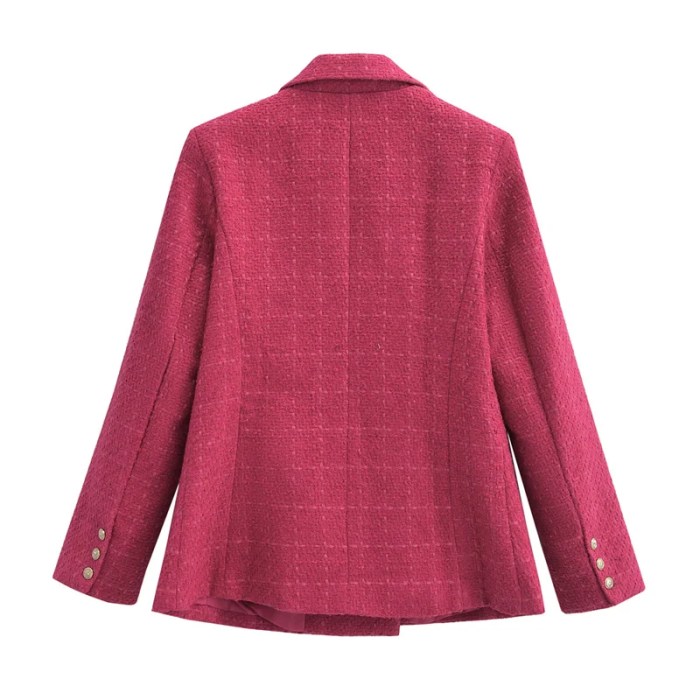 Women’s Rose red Tweed Single Breasted Retro Padded Flap Pockets Slim Crop Blazer Women’s Rose red Tweed Single Breasted Retro Padded Flap Pockets Slim Crop Blazer