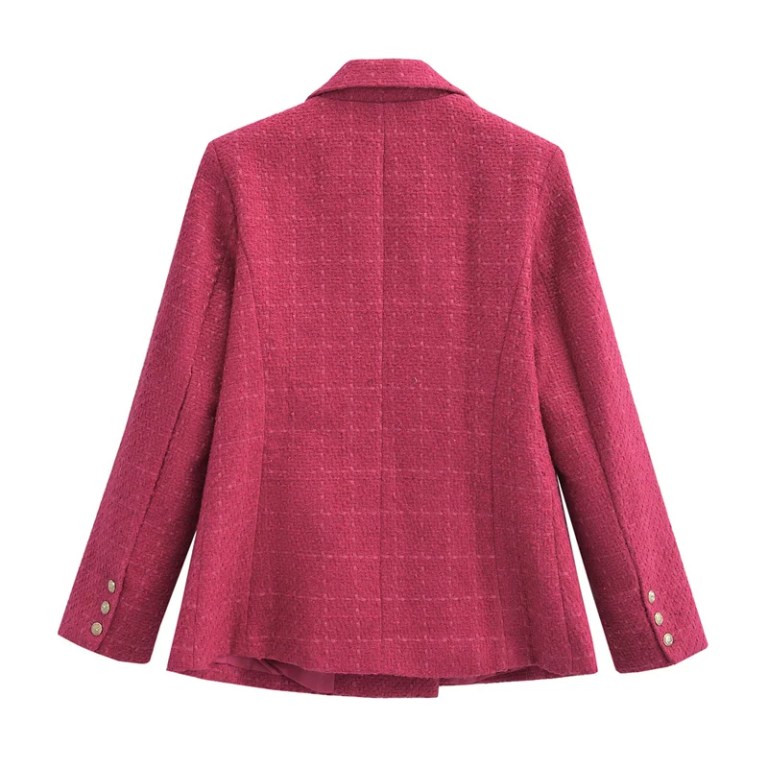 Women’s Rose red Tweed Single Breasted Retro Padded Flap Pockets Slim Crop Blazer