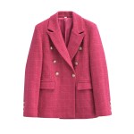 Women’s Rose red Tweed Single Breasted Retro Padded Flap Pockets Slim Crop Blazer