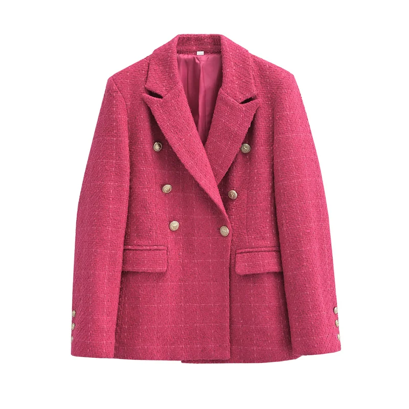 Women’s Rose red Tweed Single Breasted Retro Padded Flap Pockets Slim Crop Blazer Women’s Rose red Tweed Single Breasted Retro Padded Flap Pockets Slim Crop Blazer