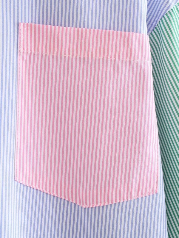 Women’s Fashion Hit Color Striped Print Two-Piece – Buttoned Casual Top and Shorts Set for Summer