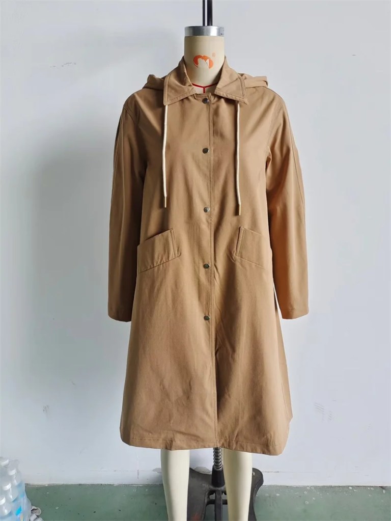 Women’s Hooded Khaki Trench Coat – Casual Pocket Trim, Single-Breasted Long Outerwear