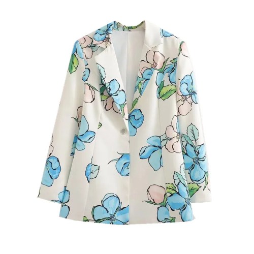 Autumn Pastel Floral Print Blazer Jacket – One-Button Slim Fit