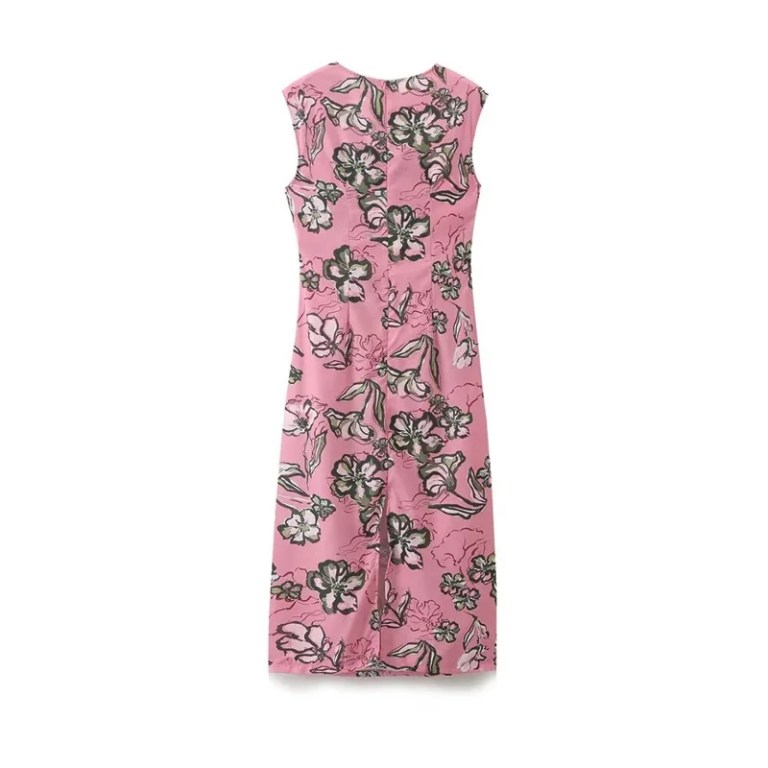 Women’s Hollow Midriff Flower Print Slim Back Slit Sundress