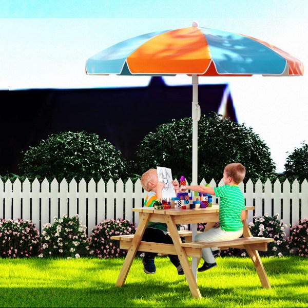 Keezi Kids Outdoor Table and Chairs Picnic Bench Umbrella Set Water Sand Pit Box Keezi Kids Outdoor Table and Chairs Picnic Bench Umbrella Set Water Sand Pit Box