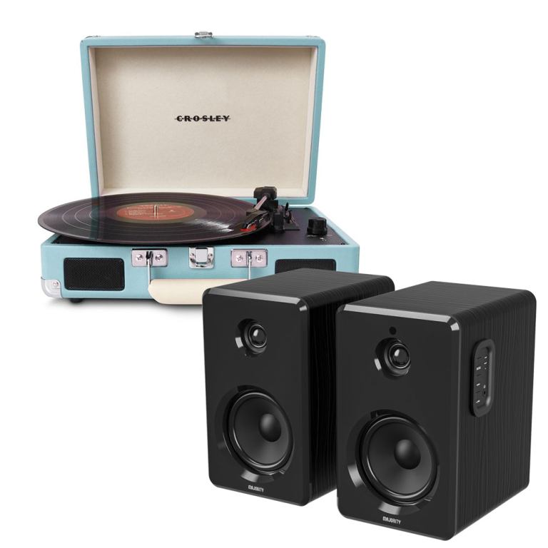 Crosley Cruiser Bluetooth Portable Turntable – Turquoise + Bundled Majority D40 Bluetooth Speakers