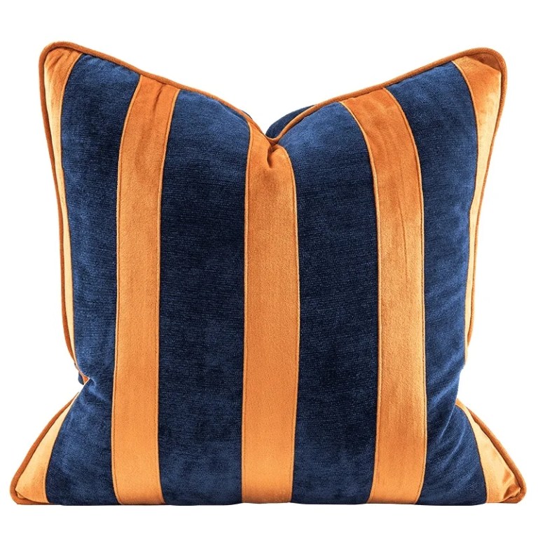 Harry Stripe Luxurious Velvet Cushion in Navy & Orange