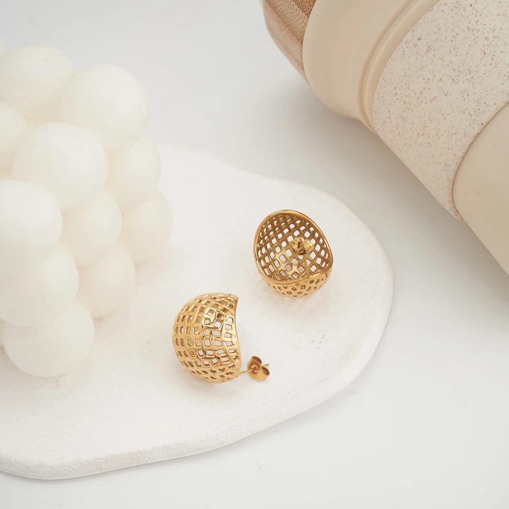 Mesh Stud Earrings For Women Aretes De Mujer 18K Gold Plated