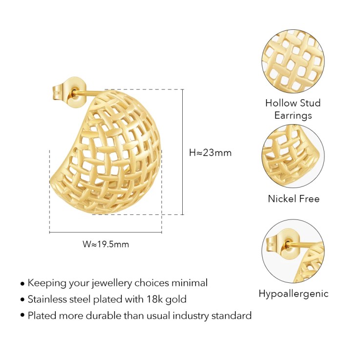 Mesh Stud Earrings For Women Aretes De Mujer 18K Gold Plated Mesh Stud Earrings For Women Aretes De Mujer 18K Gold Plated