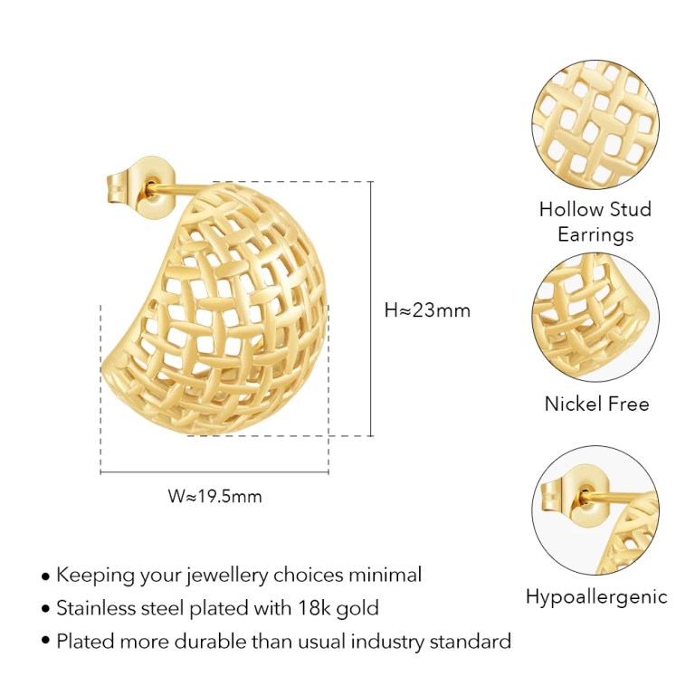 Mesh Stud Earrings For Women Aretes De Mujer 18K Gold Plated Mesh Stud Earrings For Women Aretes De Mujer 18K Gold Plated