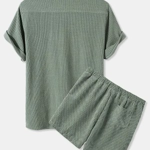 Men’s Short Vacay Casual Loose Corduroy Short Sleeve Shirt and Shorts Set