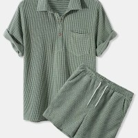 Men’s Short Vacay Casual Loose Corduroy Short Sleeve Shirt and Shorts Set