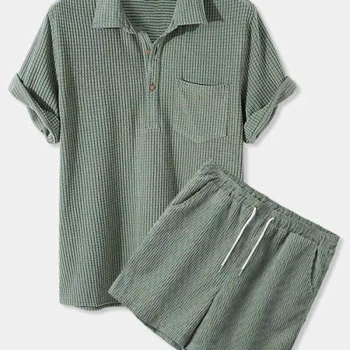 Men’s Short Vacay Casual Loose Corduroy Short Sleeve Shirt and Shorts Set