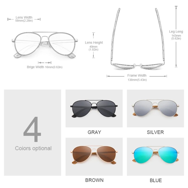 Oi Wood Sunglasses Pilot Sun Glasses Polarized Eyewear Blue Uv400 Lens