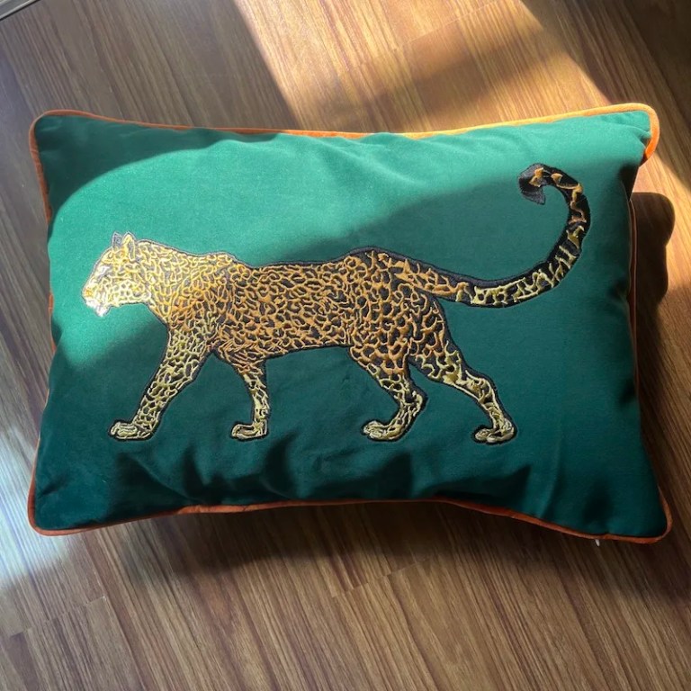 Green Leopard Embroidered Velvet Cushion