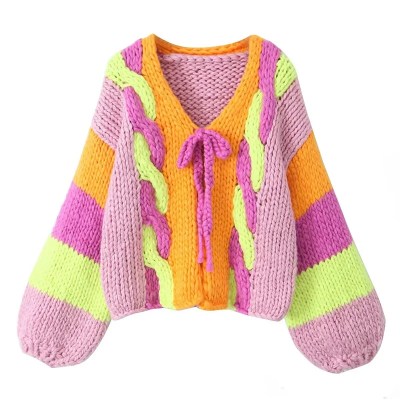 KEYANKETIAN Winter Handmade Sweater Boho Holiday wind Contrast Color Coarse Yarn Twist Knit Cardigans KEYANKETIAN Winter Handmade Sweater Boho Holiday wind Contrast Color Coarse Yarn Twist Knit Cardigans