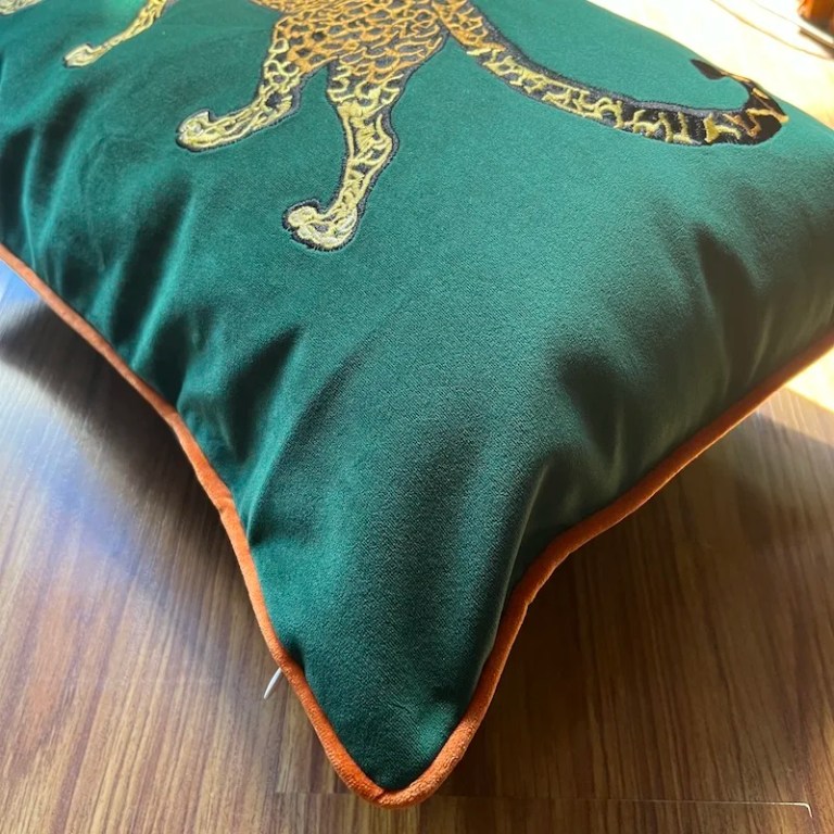 Green Leopard Embroidered Velvet Cushion