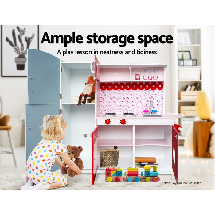 Keezi Kids Kitchen Play Set Wooden Pretend Toys Cooking Children Fridge Oven Red Keezi Kids Kitchen Play Set Wooden Pretend Toys Cooking Children Fridge Oven Red