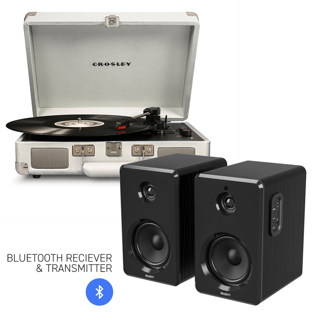 CROSLEY Crosley Cruiser Bluetooth Portable Turntable – White Sands + Bundled Majority D40 Bluetooth Speakers – Black