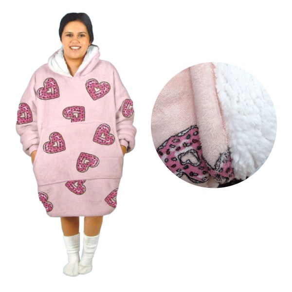 Adult Women Comfy Warm Blanket Hoodie with Sherpa Fleece Reverse Pink Hearts Adult Women Comfy Warm Blanket Hoodie with Sherpa Fleece Reverse Pink Hearts