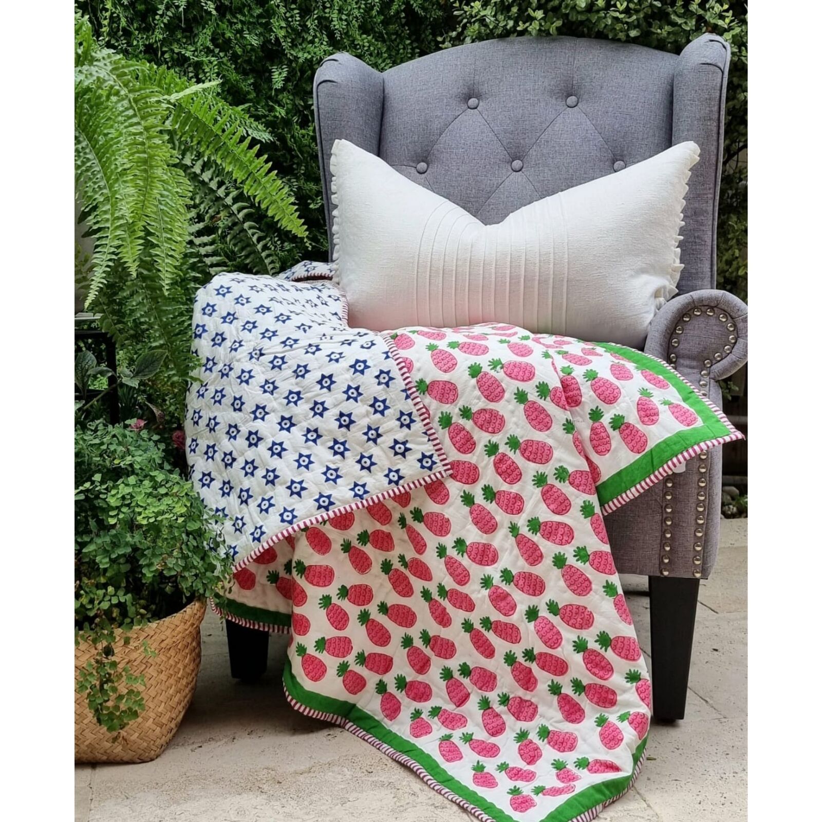 GOTS Certified Organic Cotton Reversible Baby Quilt (100x120cm) – Pink Pineapple