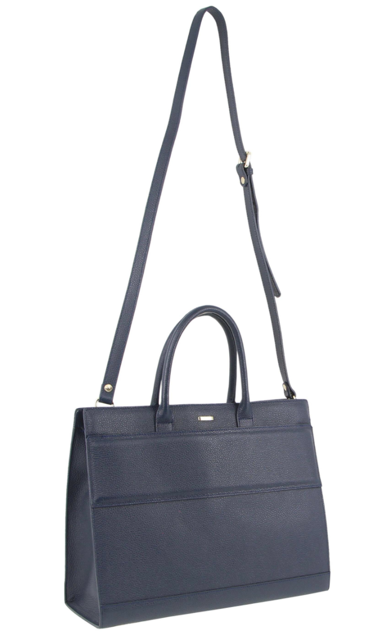 Morrissey Italian Structured Leather Tote Unisex Computer Bag Handbag – Navy