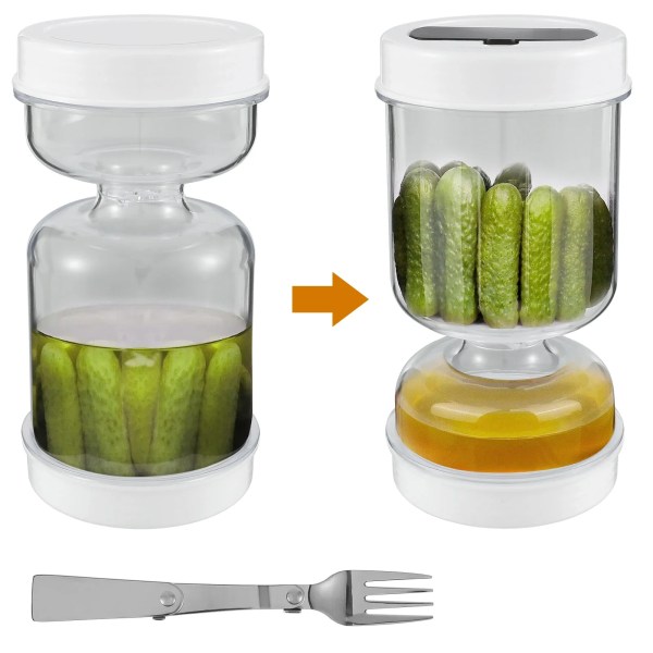 Airtight Flip Pickle Jar Container | Wet & Dry Separation Jar with Fork | Leakproof Olive Storage Airtight Flip Pickle Jar Container | Wet & Dry Separation Jar with Fork | Leakproof Olive Storage
