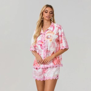 Flower Print Summer Lounge Set – Button-Up Top & Drawstring Shorts Flower Print Summer Lounge Set – Button-Up Top & Drawstring Shorts