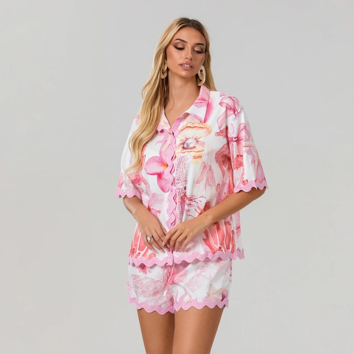 Flower Print Summer Lounge Set – Button-Up Top & Drawstring Shorts Flower Print Summer Lounge Set – Button-Up Top & Drawstring Shorts