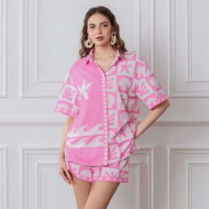 Shell Print 2-Piece Pajama Set – Short Sleeve Shirt & Elastic Waist Shorts Shell Print 2-Piece Pajama Set – Short Sleeve Shirt & Elastic Waist Shorts
