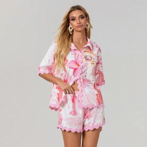 Flower Print Summer Lounge Set – Button-Up Top & Drawstring Shorts Flower Print Summer Lounge Set – Button-Up Top & Drawstring Shorts