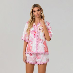 Flower Print Summer Lounge Set – Button-Up Top & Drawstring Shorts Flower Print Summer Lounge Set – Button-Up Top & Drawstring Shorts
