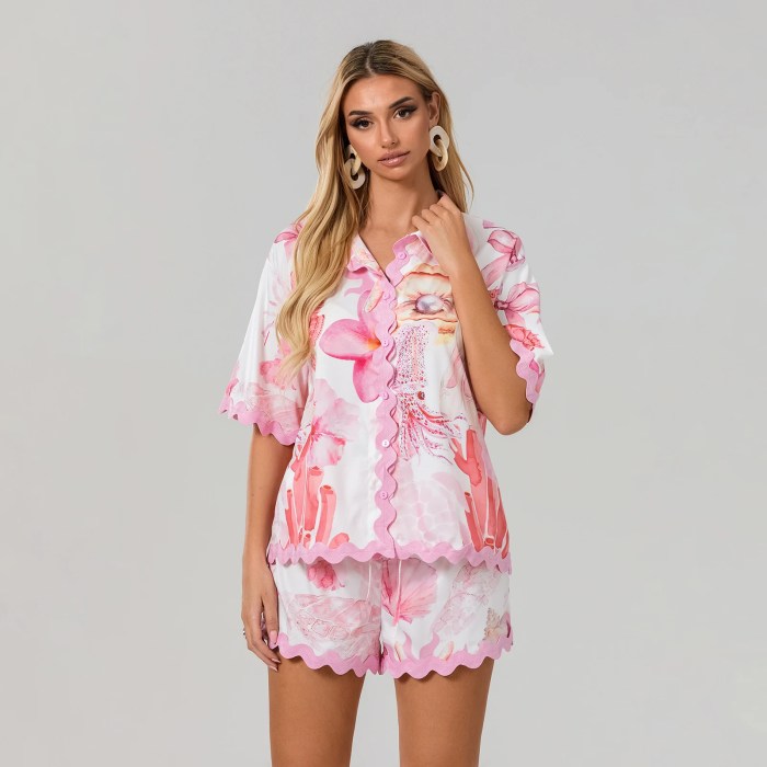 Flower Print Summer Lounge Set – Button-Up Top & Drawstring Shorts Flower Print Summer Lounge Set – Button-Up Top & Drawstring Shorts