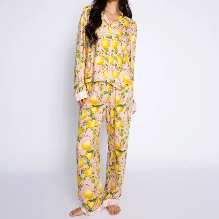 Lemon Print Button-Up Loungewear Set – Long Sleeve Top & Pants Pajama Set Lemon Print Button-Up Loungewear Set – Long Sleeve Top & Pants Pajama Set