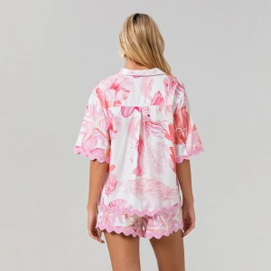 Flower Print Summer Lounge Set – Button-Up Top & Drawstring Shorts Flower Print Summer Lounge Set – Button-Up Top & Drawstring Shorts