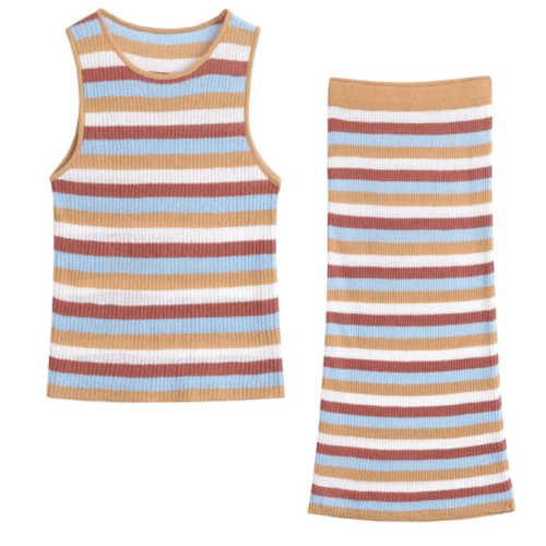 Candy Striped Knit Vest And Elastic Waist Straight Midi Skirt Set Candy Striped Knit Vest And Elastic Waist Straight Midi Skirt Set