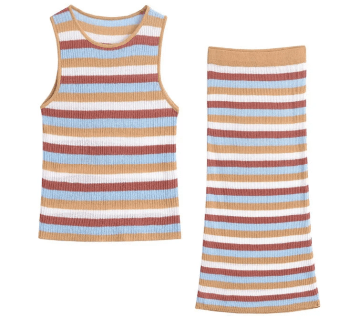 Candy Striped Knit Vest And Elastic Waist Straight Midi Skirt Set