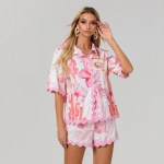 Flower Print Summer Lounge Set – Button-Up Top & Drawstring Shorts Flower Print Summer Lounge Set – Button-Up Top & Drawstring Shorts