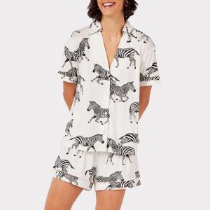 Zebra Print Summer PJ Set – Button-Up Short Sleeve T-Shirt & Elastic Shorts