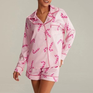 Women’s Santa Print Christmas Pajama Set – Long Sleeve Top & Elastic Shorts