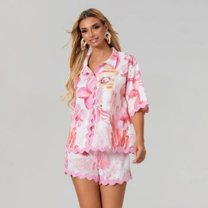 Flower Print Summer Lounge Set – Button-Up Top & Drawstring Shorts Flower Print Summer Lounge Set – Button-Up Top & Drawstring Shorts