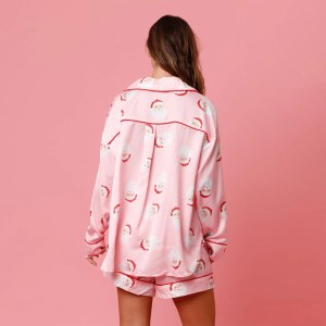 Women’s Santa Print Christmas Pajama Set – Long Sleeve Top & Elastic Shorts